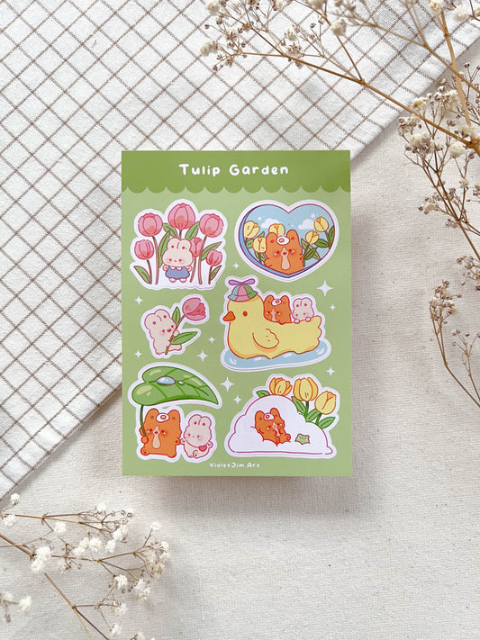Springtime Corgi and Bunny Vinyl Sticker Sheet - Tulip Fields and Duck Boat - Water Resistant, High Quality - A6 Size