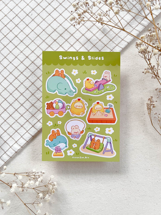 Matte Vinyl Sticker Sheet - Corgi, Bear, Bunny, and Cat Playing on Playground - Water Resistant - High Quality - A6 Size