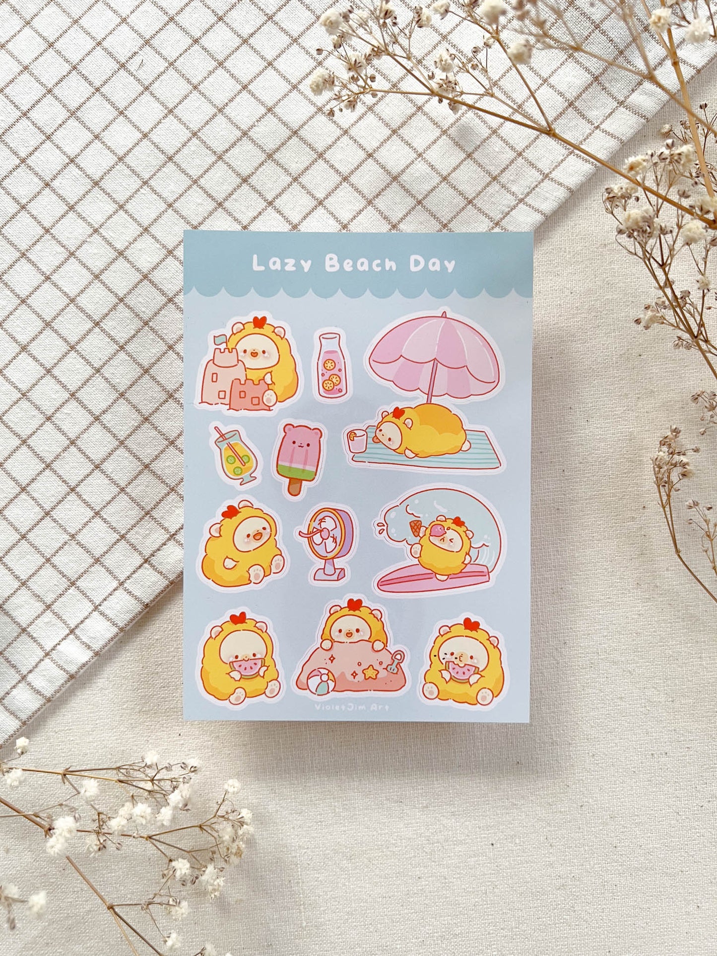 Lazy Beach Day Bento Bear Summer Themed Matte Vinyl Sticker Sheet - Water Resistant, High Quality, A6 Size