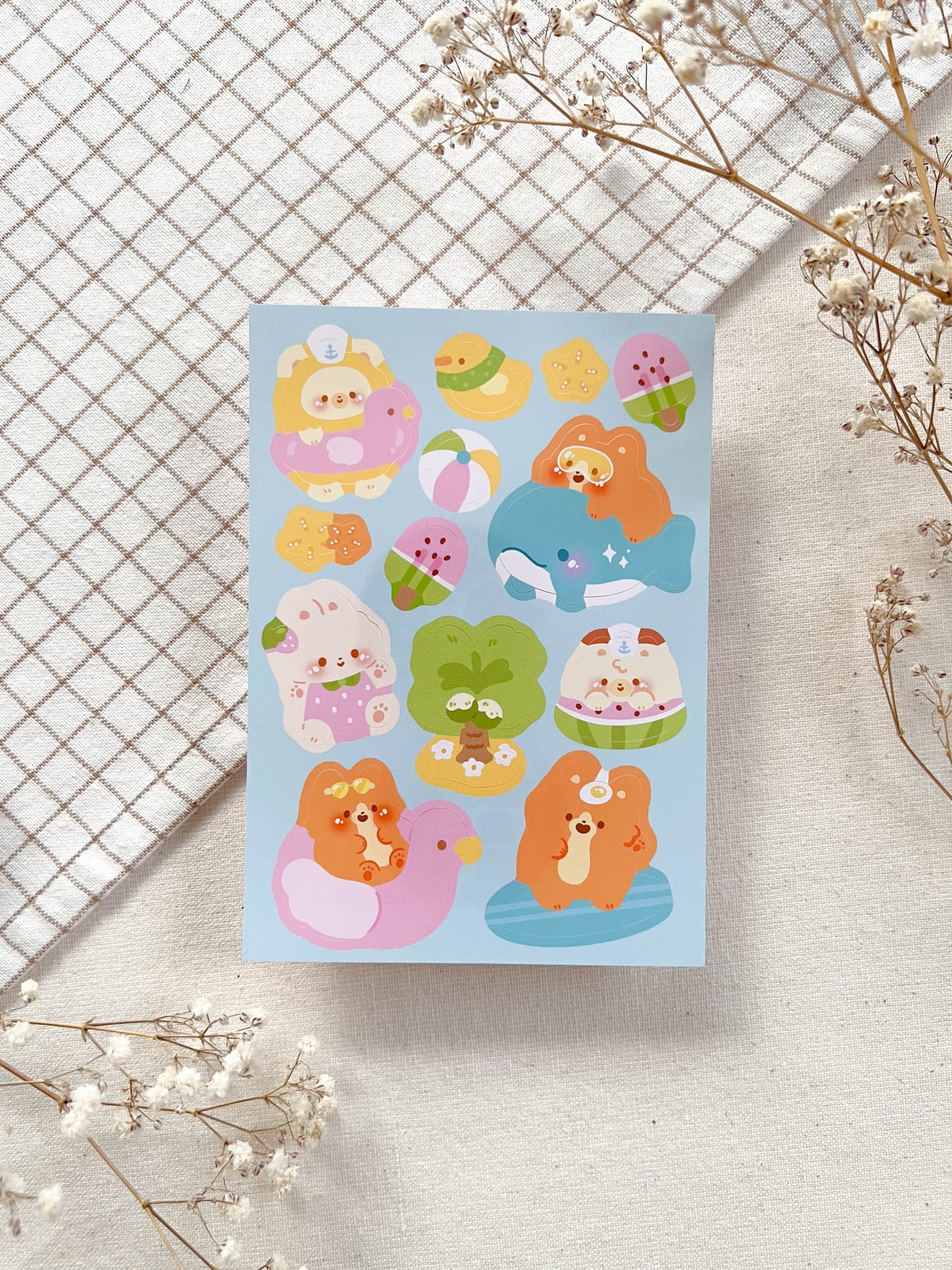 Summer Beach Vinyl Sticker Sheet - Corgi, Bear, Bunny, and Cat Swimming in Flamingo Floaties - Water Resistant, High Quality - A6 Size