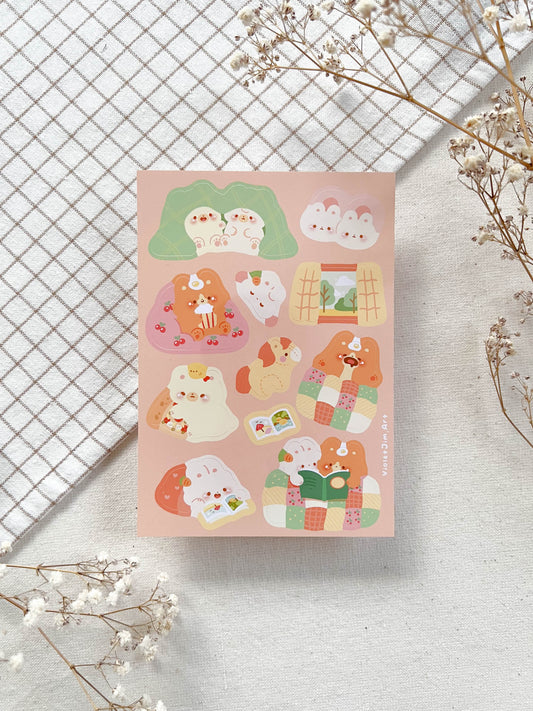 Cozy Time Matte Vinyl Sticker Sheet - Corgi, Bunny, and Bear Spending Time Indoors under a Blanket - Water Resistant, High Quality - A6 Size