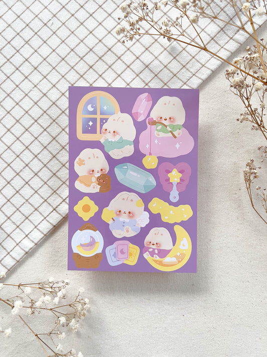 High-Quality Matte Vinyl Sticker Sheet - Celestial Bunny Bonbon with Magical Items - Water Resistant - A6 Size