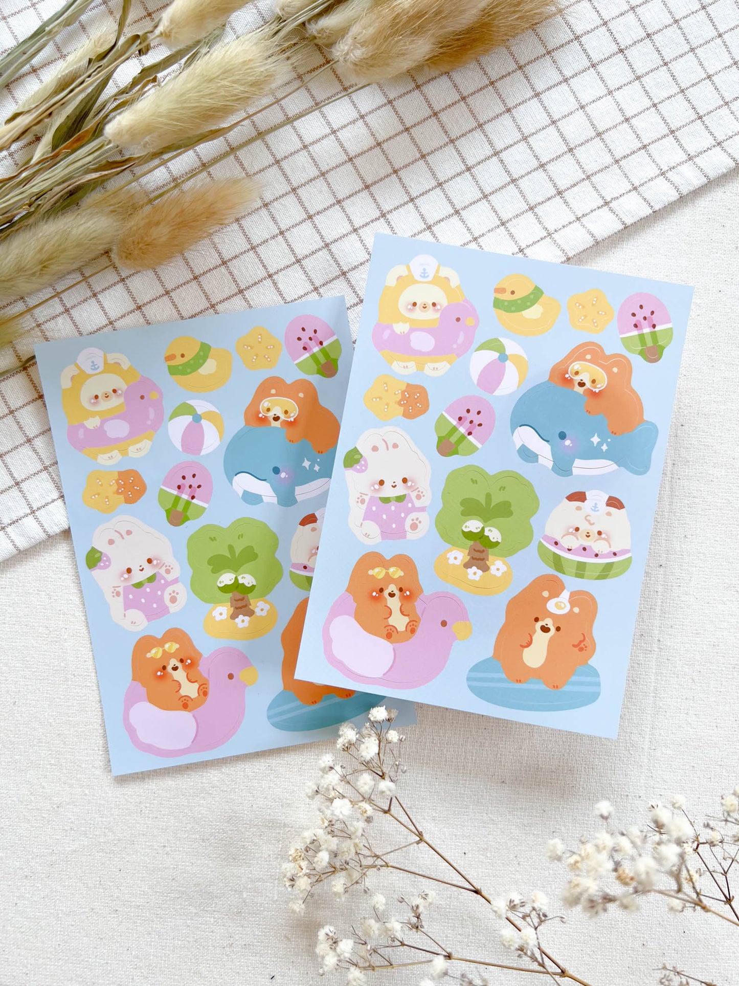 Summer Beach Vinyl Sticker Sheet - Corgi, Bear, Bunny, and Cat Swimming in Flamingo Floaties - Water Resistant, High Quality - A6 Size
