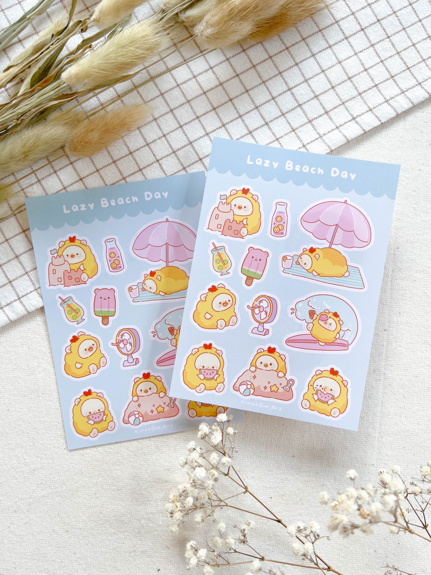 Lazy Beach Day Bento Bear Summer Themed Matte Vinyl Sticker Sheet - Water Resistant, High Quality, A6 Size