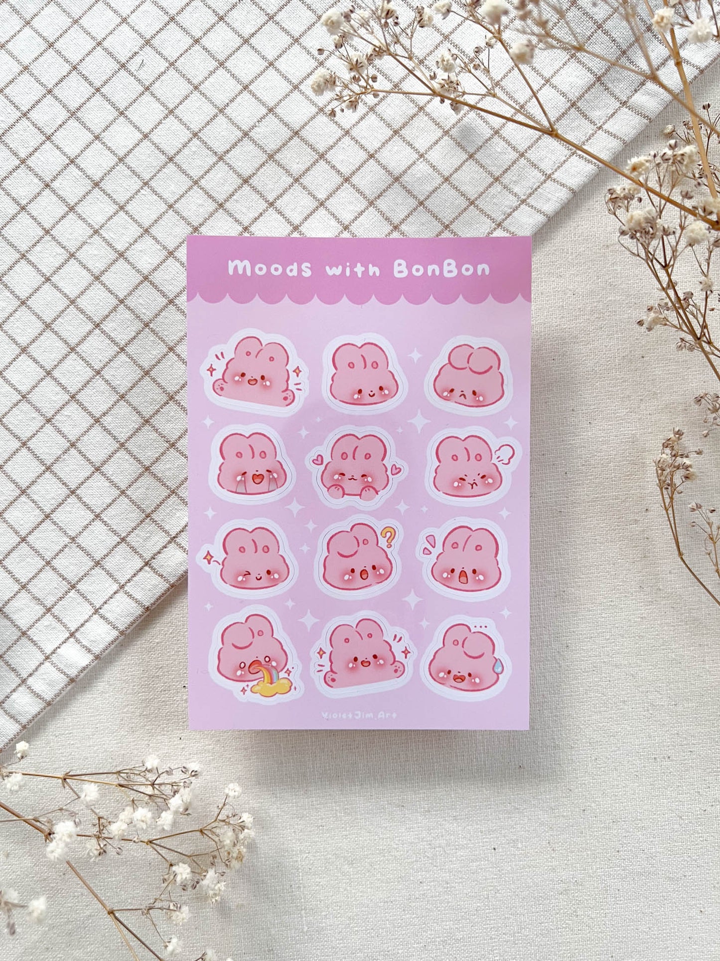 High-Quality Bunny Bonbon Mood Emoji Stickers - Funny Expressions - Matte Vinyl Sticker Sheet, Water-Resistant - A6 Size