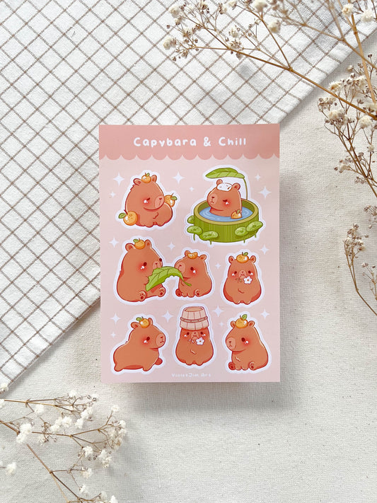 High-Quality Matte Vinyl Sticker Sheet - Capybara relaxing in Onsen, Water-Resistant - A6 Size