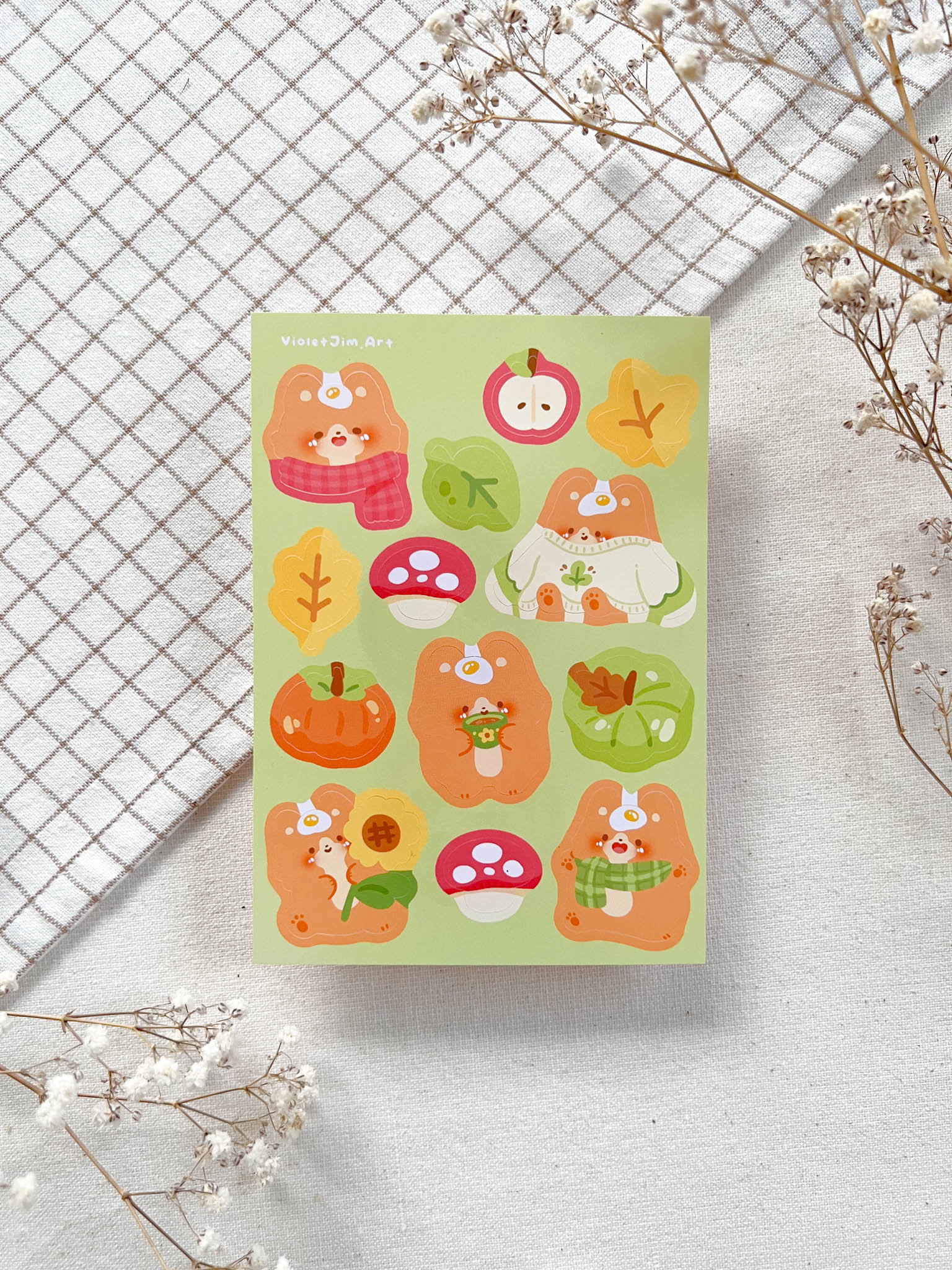 Autumn Themed Matte Vinyl Sticker Sheet - Corgi Mochi with Pumpkins and Fall Leaves - Water Resistant & High Quality - A6 Size