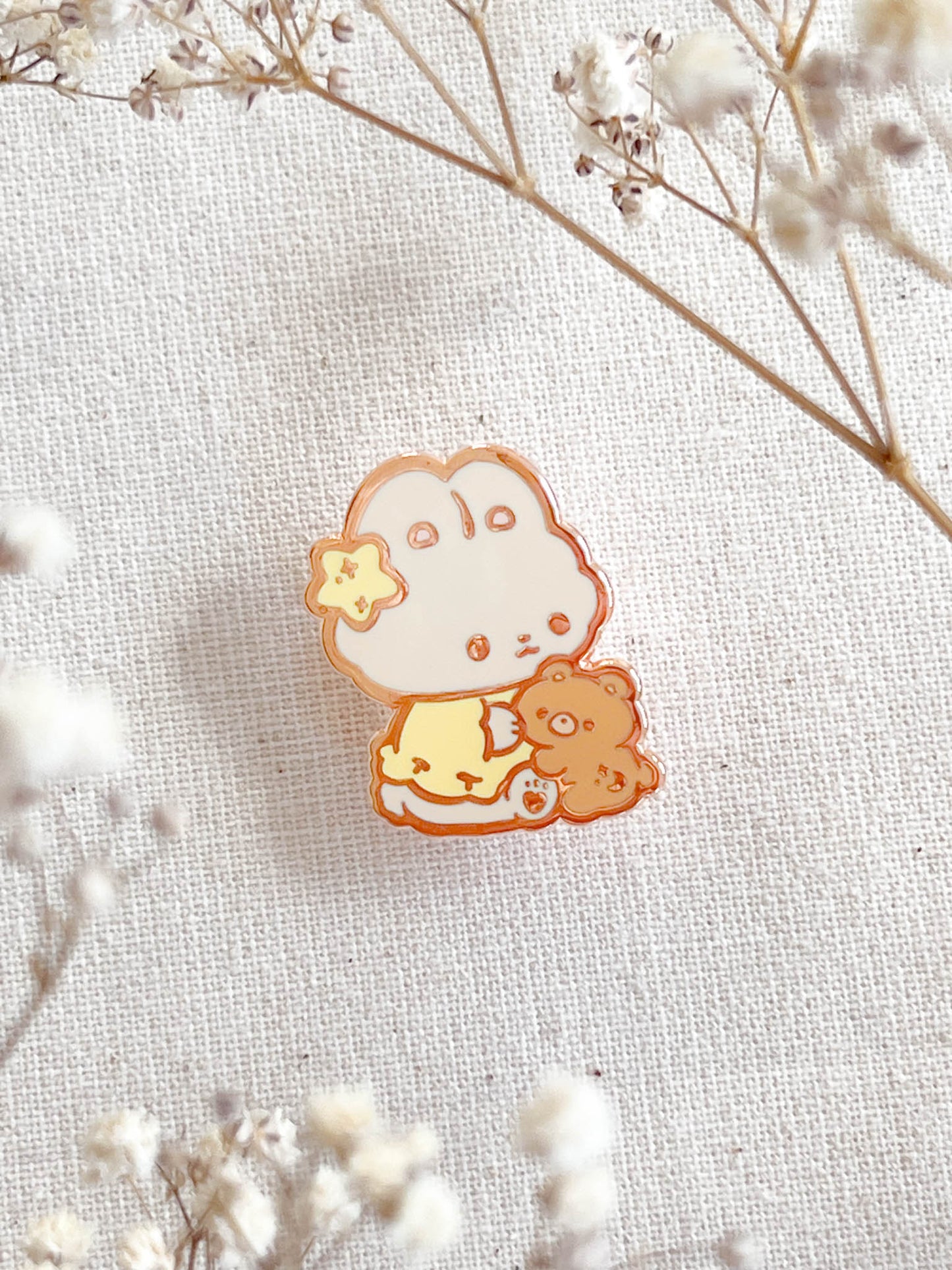 BonBon Bunny Hugging Small Bear Enamel Pin - Rose Gold Iron with Pastel Colors