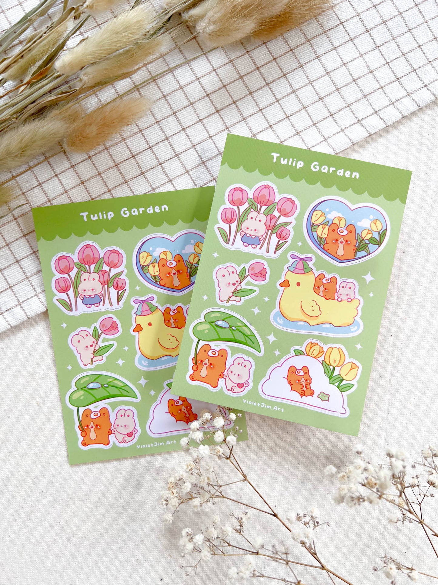 Springtime Corgi and Bunny Vinyl Sticker Sheet - Tulip Fields and Duck Boat - Water Resistant, High Quality - A6 Size