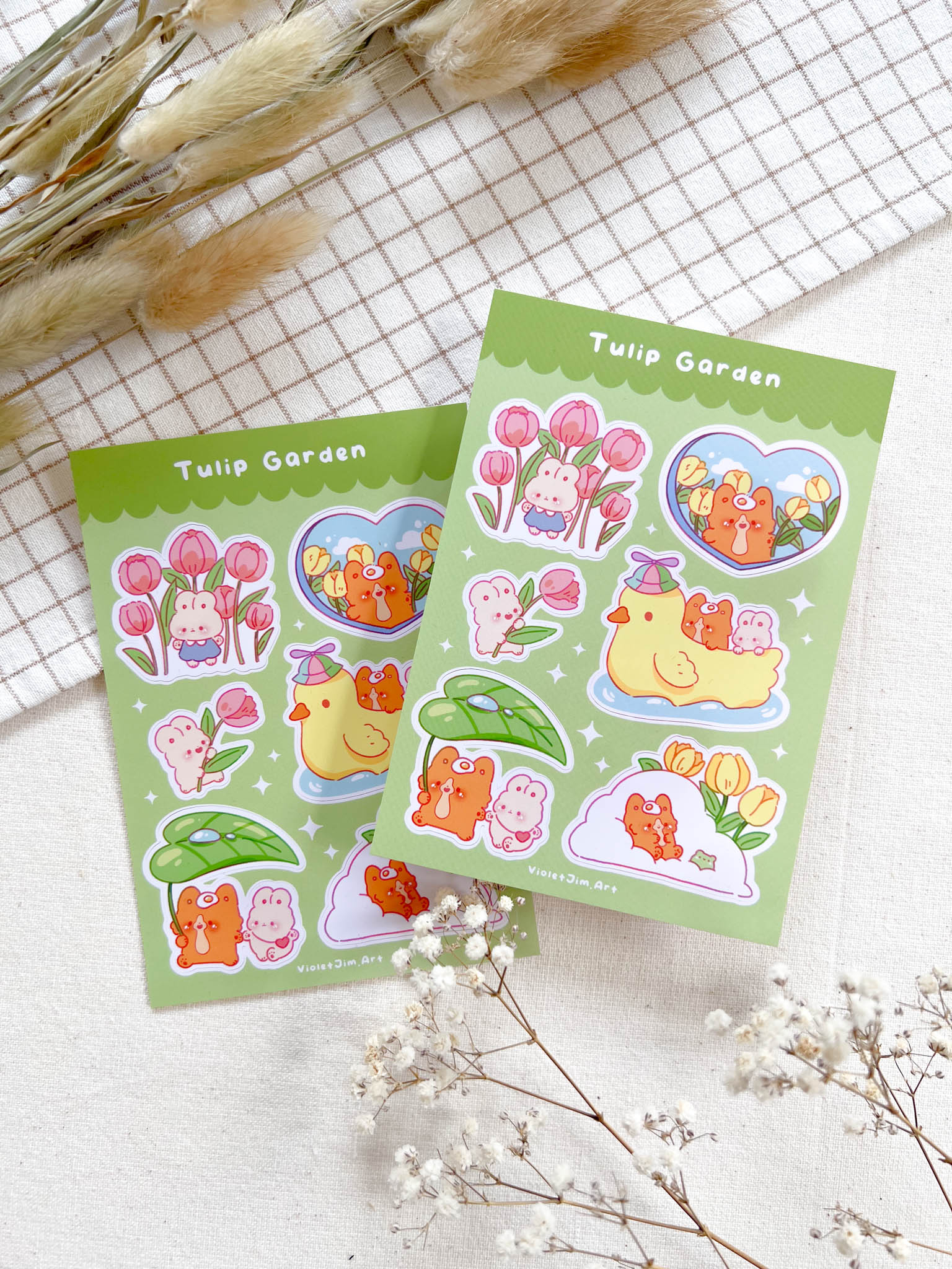 Springtime Corgi and Bunny Vinyl Sticker Sheet - Tulip Fields and Duck Boat - Water Resistant, High Quality - A6 Size