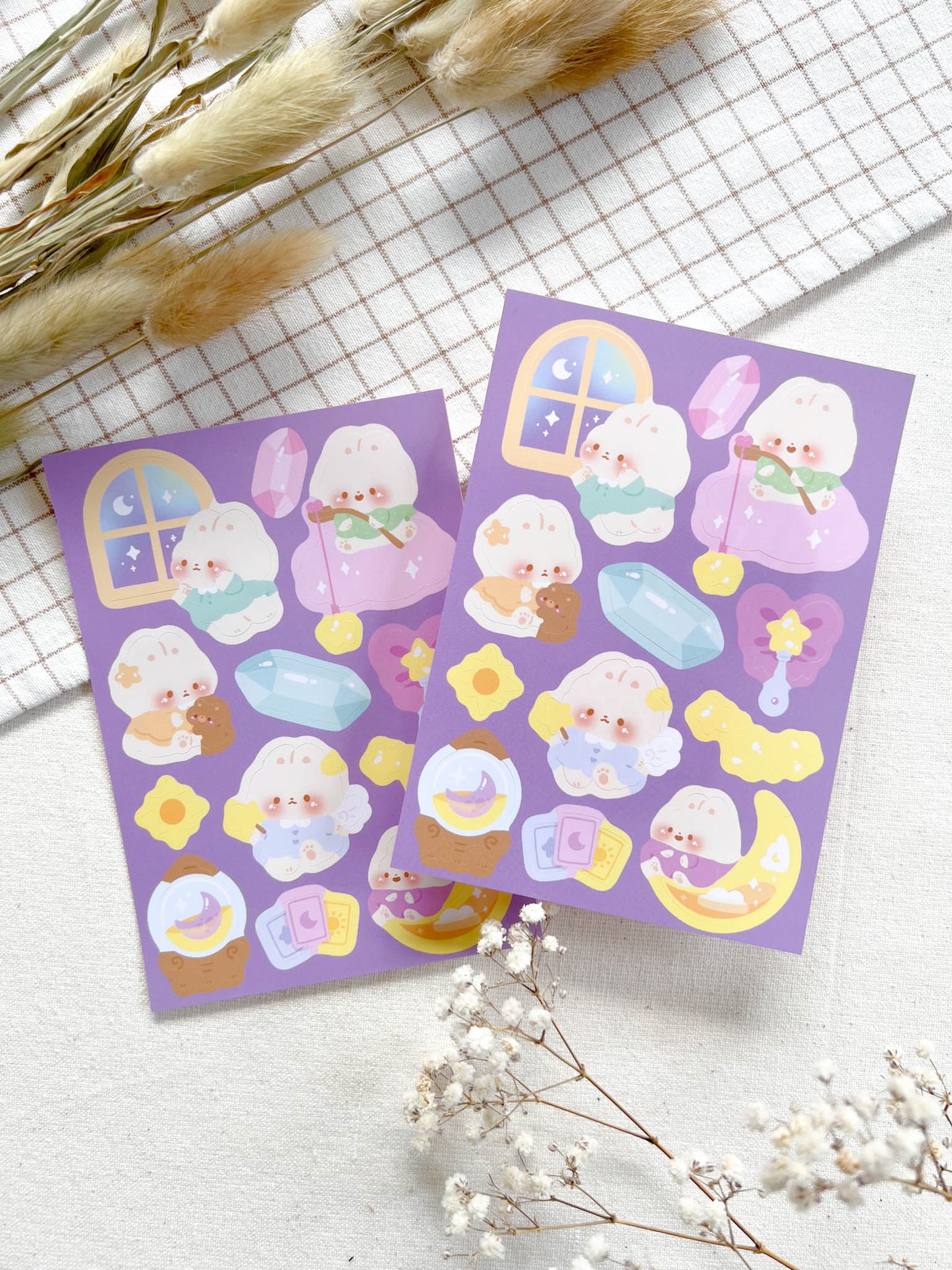 High-Quality Matte Vinyl Sticker Sheet - Celestial Bunny Bonbon with Magical Items - Water Resistant - A6 Size