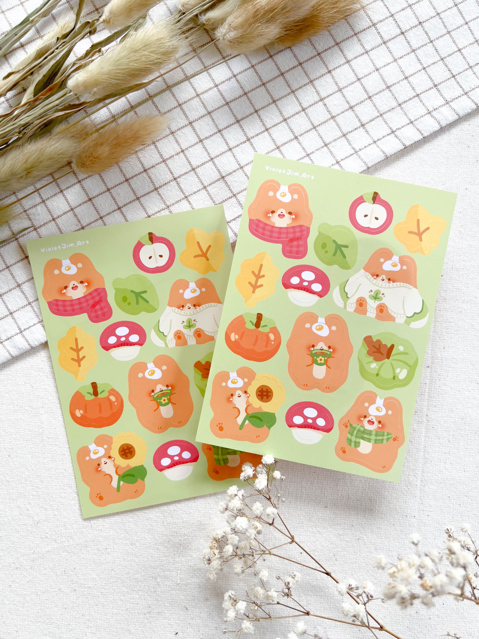 Autumn Themed Matte Vinyl Sticker Sheet - Corgi Mochi with Pumpkins and Fall Leaves - Water Resistant & High Quality - A6 Size