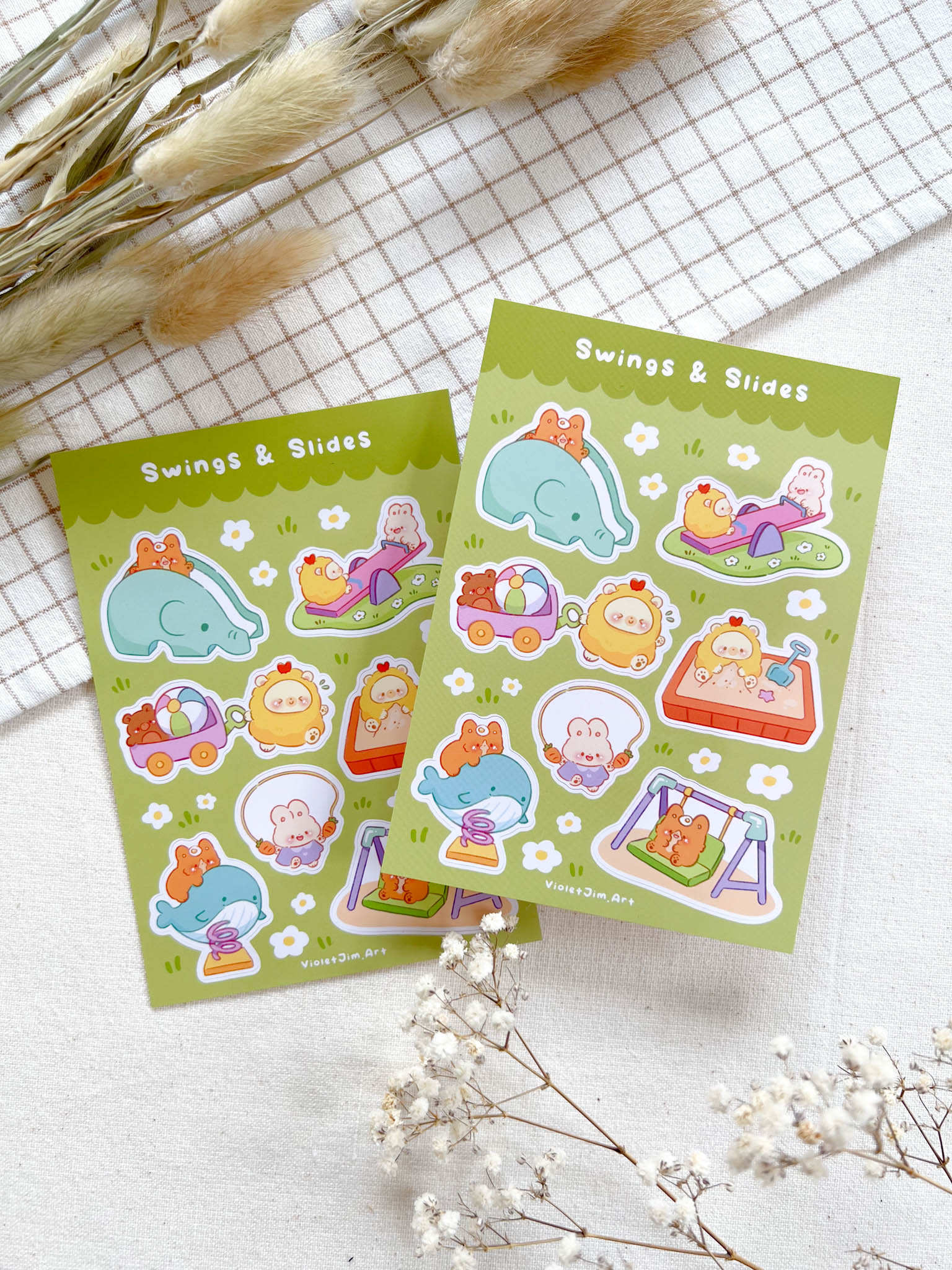 Matte Vinyl Sticker Sheet - Corgi, Bear, Bunny, and Cat Playing on Playground - Water Resistant - High Quality - A6 Size