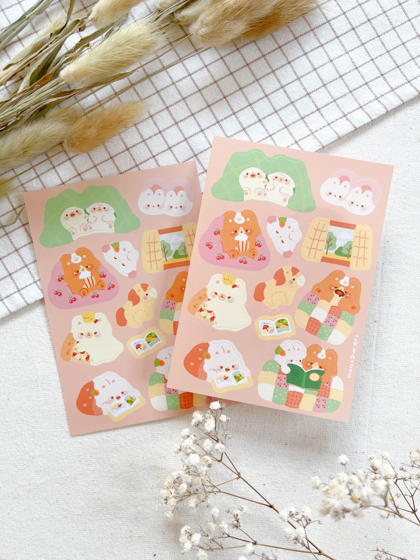 Cozy Time Matte Vinyl Sticker Sheet - Corgi, Bunny, and Bear Spending Time Indoors under a Blanket - Water Resistant, High Quality - A6 Size