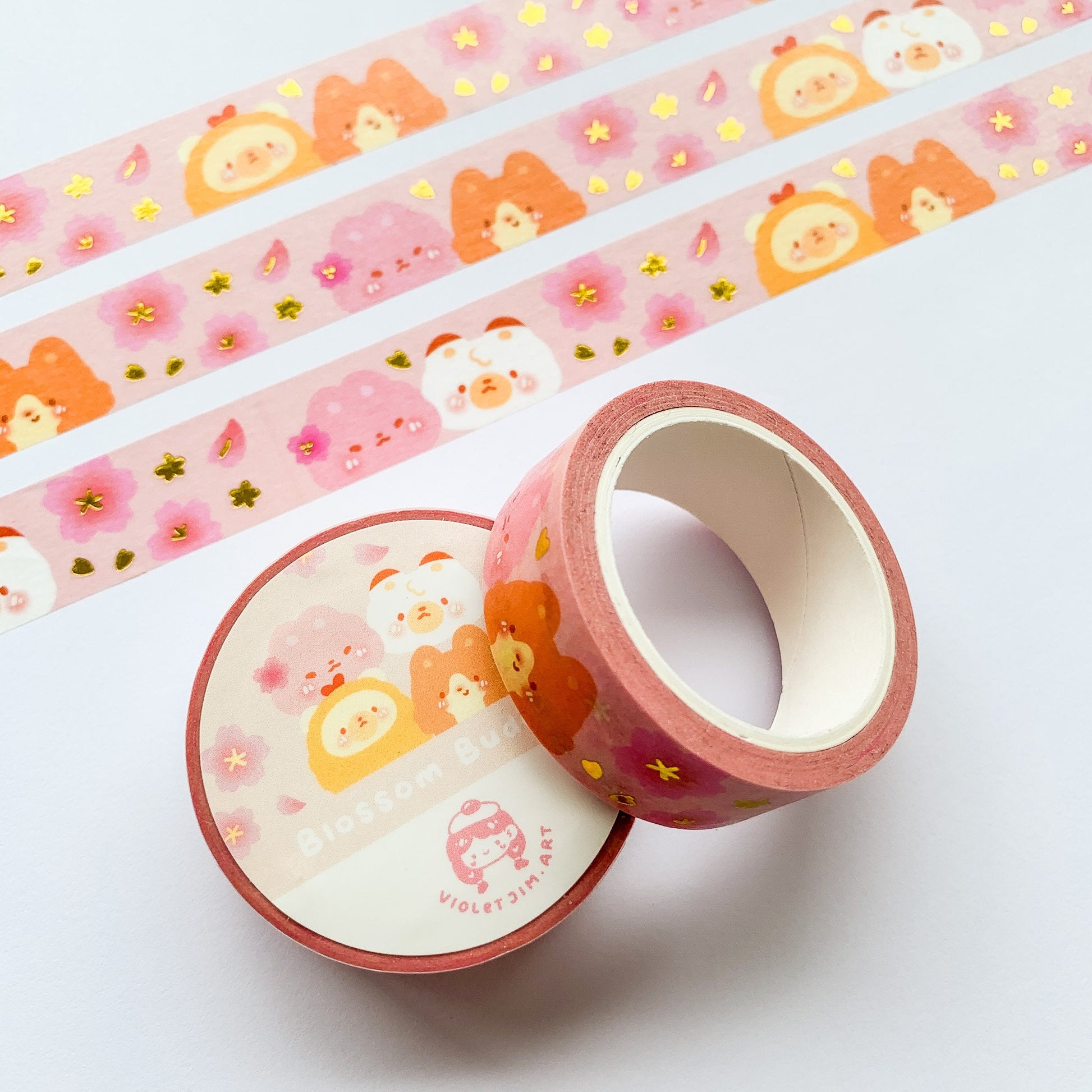  Pink Cherry Blossom Gold Foil Washi Tape featuring Adorable Bunny, Bear, Cat, and Corgi Designs