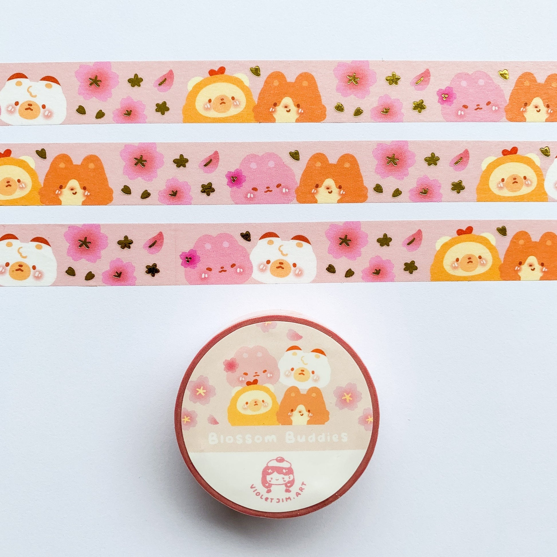  Pink Cherry Blossom Gold Foil Washi Tape featuring Adorable Bunny, Bear, Cat, and Corgi Designs