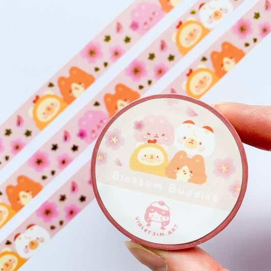  Pink Cherry Blossom Gold Foil Washi Tape featuring Adorable Bunny, Bear, Cat, and Corgi Designs
