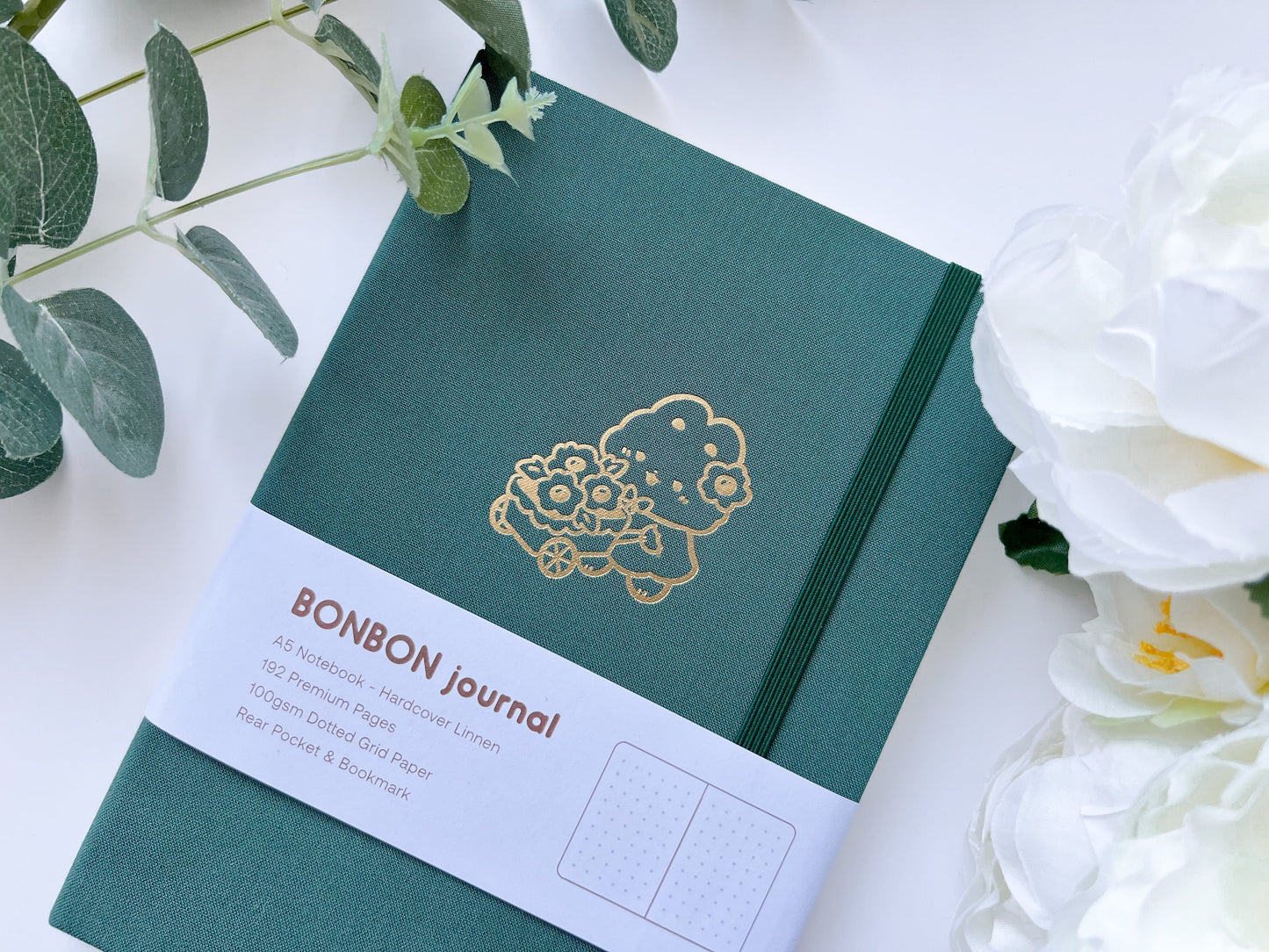 Forest Green Bullet Journal Notebook with Dotted Pages - Bunny Bonbon Design in Gold Foil Holding Flower Cart