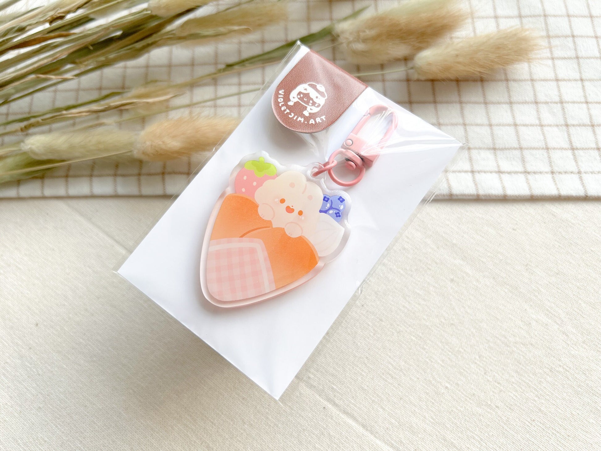 Bunny Bonbon Hiding in Crepe with Berry Fruits Acrylic Keychain - Pink Attachment