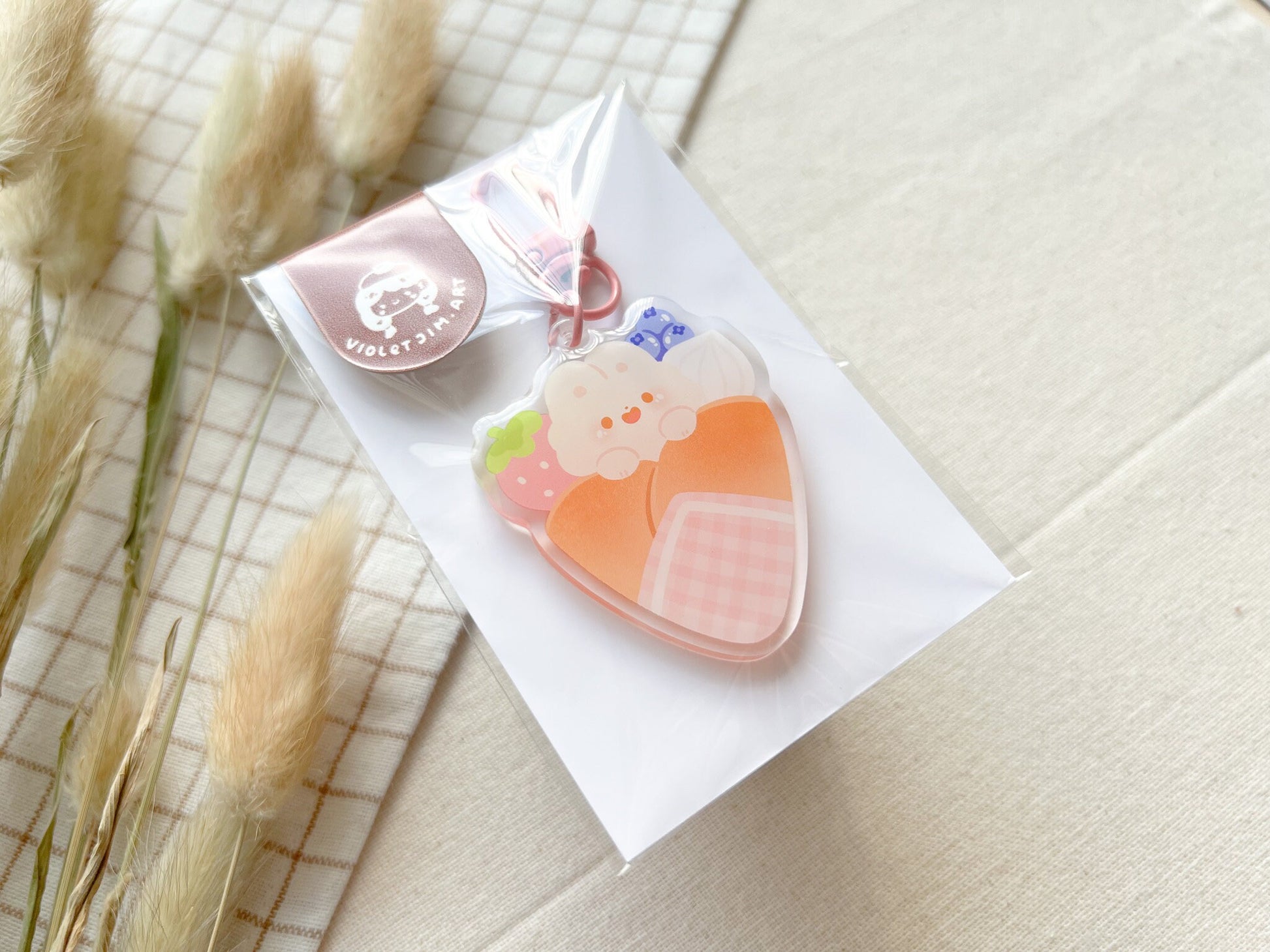 Bunny Bonbon Hiding in Crepe with Berry Fruits Acrylic Keychain - Pink Attachment