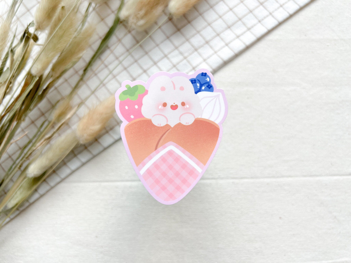 Bunny Bonbon Hiding in Crepe with Berry Fruits Die Cut Sticker 