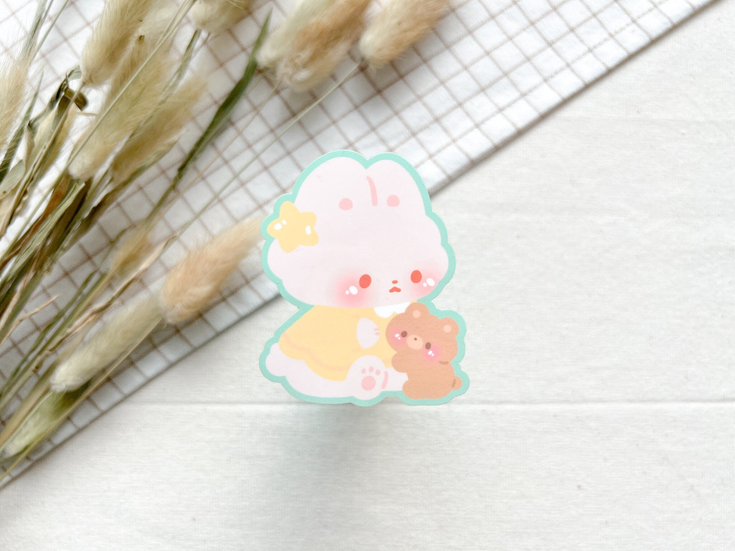 Cute Vinyl Die Cut Sticker Bunny 'Bonbon' Hugging Small Bear - Water Resistant