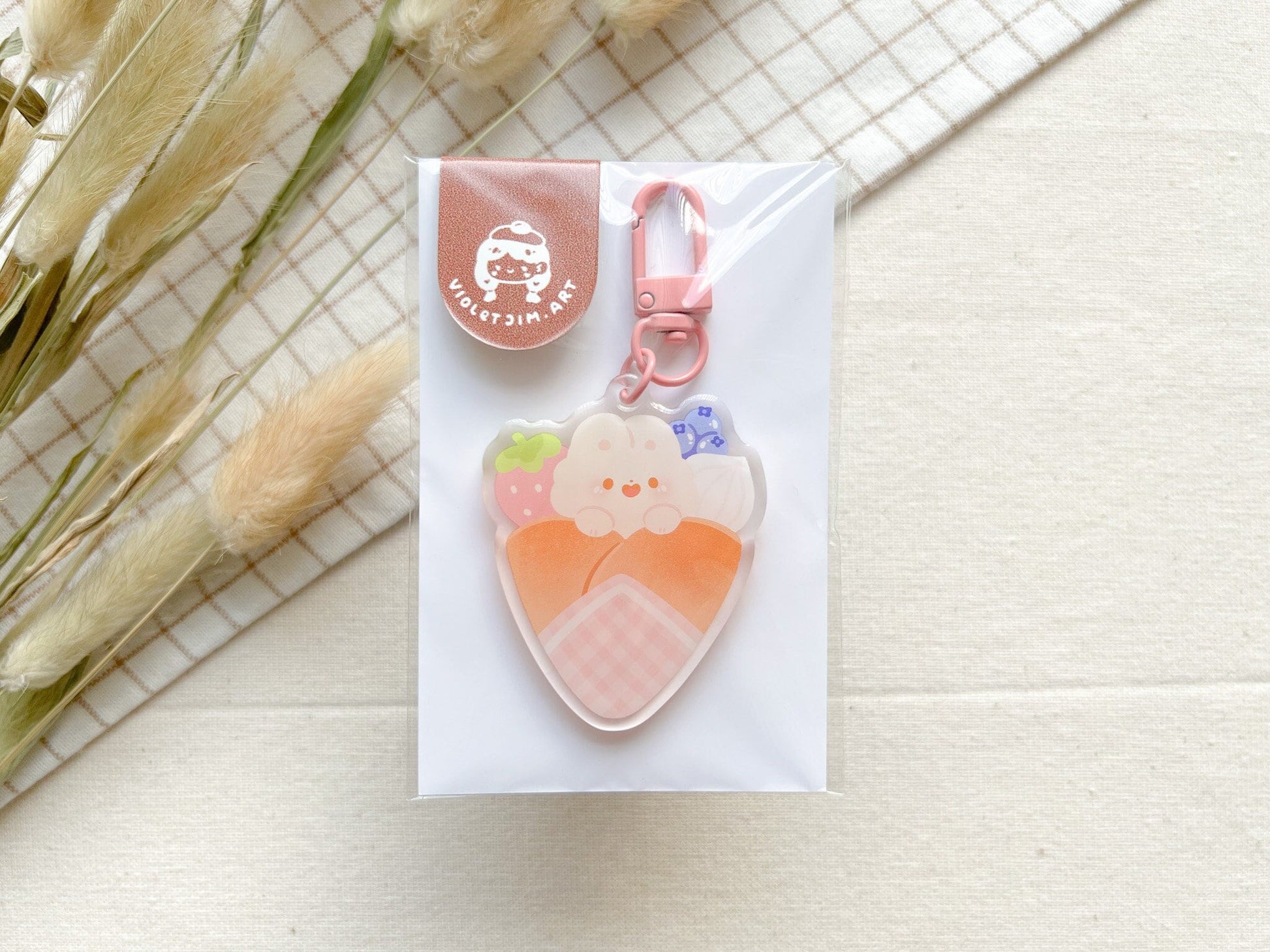 Bunny Bonbon Hiding in Crepe with Berry Fruits Acrylic Keychain - Pink Attachment